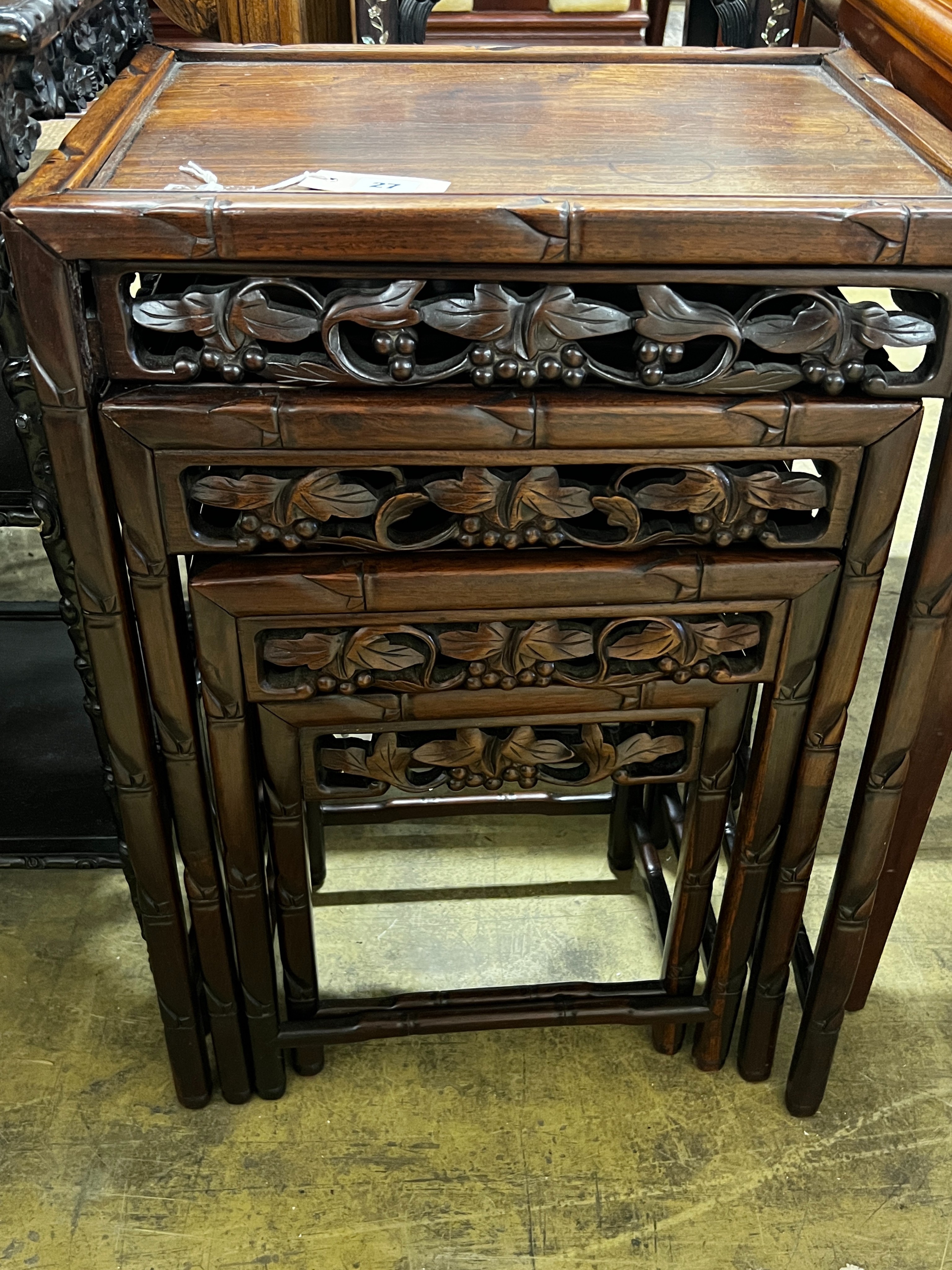 A quartetto of Chinese rectangular hongmu tea tables, width 50cm, depth 36cm, height 70cm